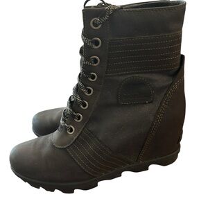 Sorel Lexie Wedge Boots Womens Sz 11 Shoes Black Leather Canvas Booties